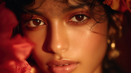 This enchanting close-up portrait showcases a young woman's beauty surrounded by vibrant flowers, creating a stunning visual of emotion and light. A true celebration of nature.の素材