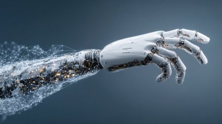 A futuristic robotic hand extends outward, surrounded by a framework of digital data and network connections, representing the convergence of technology and human interaction.の素材