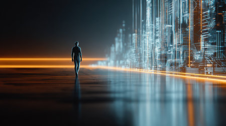 A silhouette of a person walks along a futuristic pathway lit by neon lights, surrounded by glowing digital structures, evoking a sense of exploration and innovation.の素材