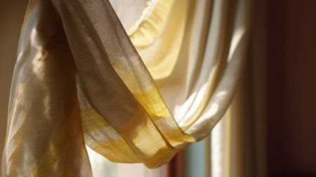 A beautiful golden curtain drapes gracefully, allowing soft light to filter through the sheer fabric, creating a warm and inviting ambiance in an indoor space.の素材