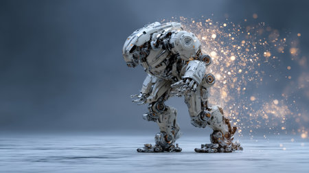 An imaginative futuristic humanoid robot stands in a captivating environment filled with glowing particles, showcasing a blend of technology and art in motion.の素材