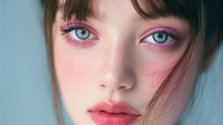 Captivating close-up portrait of a young woman highlighting her striking blue eyes and soft makeup, exuding natural beauty and elegance against a subtle background.の素材
