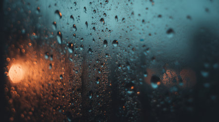 This image captures a close-up view of water droplets on a window, creating a beautiful abstract effect with blurred lights in the background, evoking a rainy day atmosphere.の素材