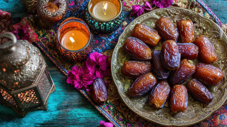 A beautifully arranged platter of Medjool dates radiates warmth and luxury, surrounded by flickering candles and vibrant colorful accents, perfect for festive gatherings.の素材