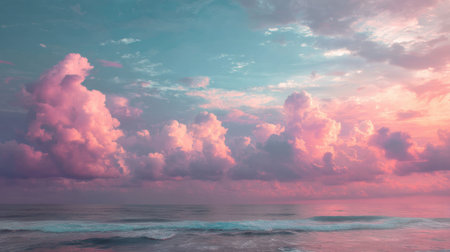 A stunning scene of a serene sunset over the ocean, featuring vibrant clouds and gentle waves. Perfectly captures the essence of tranquility and natural beauty.の素材