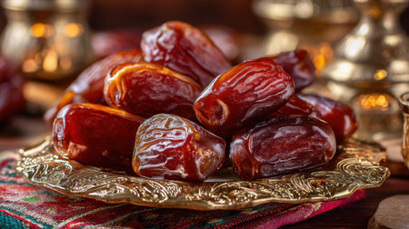 A stunning display of fresh Medjool dates arranged on an ornate plate, showcasing rich colors and textures, perfect for recipes or cultural celebrations.の素材