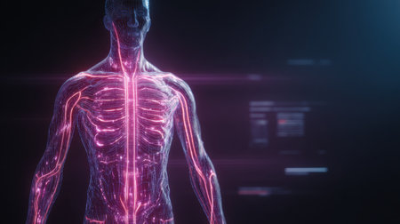 This image showcases a detailed representation of the human nervous system using neon effects, emphasizing nerve pathways and anatomical structures against a dark backdrop.の素材