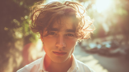 A striking portrait of a young man with tousled hair, set in soft sunlight, capturing genuine emotion and urban charm with a touch of artistic flair.の素材