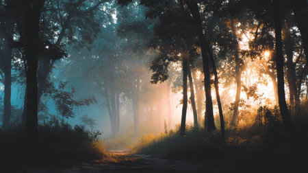 A captivating image of a misty forest pathway at sunrise, showcasing sunlight filtering through trees, creating a serene and ethereal atmosphere, ideal for nature lovers.の素材