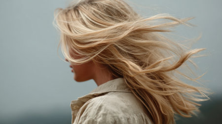 A beautiful young woman stands elegantly outdoors with her long hair blowing in the wind, creating a serene and captivating moment against a cloudy sky backdrop.の素材