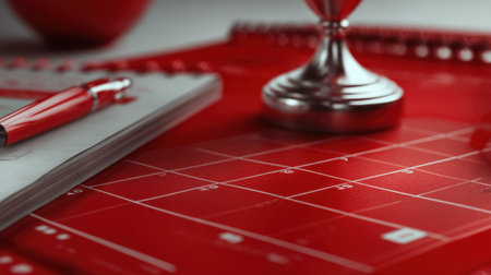 A vibrant red desk scene featuring a calendar, notebook, and pen, evoking creativity and organization in a stylish workspace perfect for planning activities.の素材