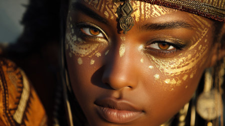 Stunning close-up portrait of a young woman adorned with intricate body paint and jewelry, emphasizing her cultural beauty and strength in natural light.の素材