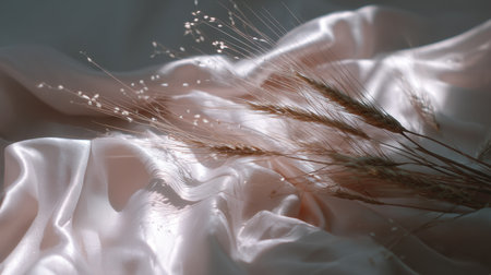 Soft silky fabric drapes elegantly, illuminated by gentle light, adorned with delicate wheat and floral elements creating a serene and visually appealing composition.の素材
