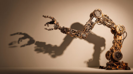 This image captures a detailed robotic arm displaying intricate mechanics and casting an artistic shadow in dramatic lighting, perfect for engineering and technology themes.の素材