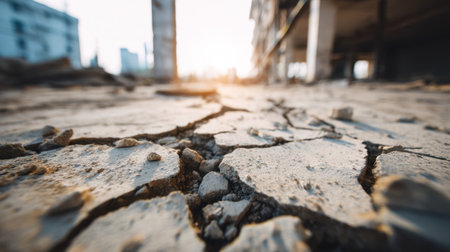 Close-up view of a cracked ground surface at a construction site during sunset, showcasing an urban landscape with abandoned structures in the background.の素材