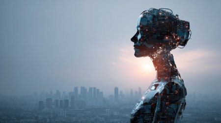 A captivating silhouette of a futuristic robot is highlighted against a dramatic urban skyline at dusk, representing the intersection of technology and human creativity.の素材