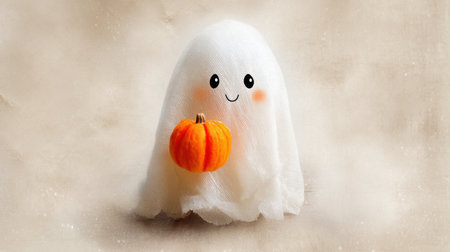 Adorable ghost character embraces a small pumpkin, evoking the warmth and charm of Halloween. Perfect for seasonal themes and joyful celebrations.の素材