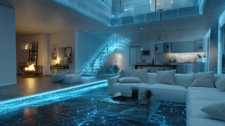 Explore a futuristic living room featuring digital elements and a cozy atmosphere. The modern design integrates 3D visualization with dynamic lighting effects.の素材