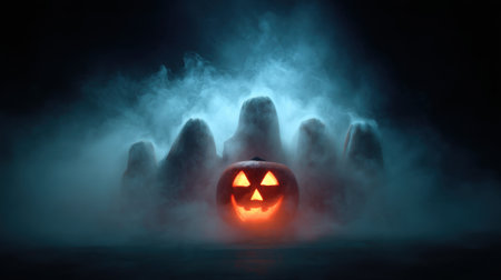 A captivating Halloween scene featuring a carved pumpkin with a glowing face amid a mystical fog and shadowy ghostly figures, perfect for seasonal decorations.の素材