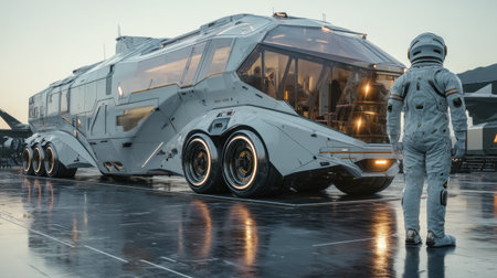 A stunning futuristic space vehicle stands on a wet surface, with an astronaut gazing in awe at its sleek design, embodying themes of exploration and innovation.の素材