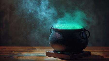 A captivating image of a bubbling cauldron emitting green smoke, set against a dark backdrop. Ideal for themes of magic, mystery, and fantasy storytelling.の素材