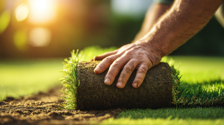 A close-up image showcases a gardener's hand laying fresh turf grass on soil, capturing the essence of lawn care under beautiful sunlight in a serene garden setting.の素材