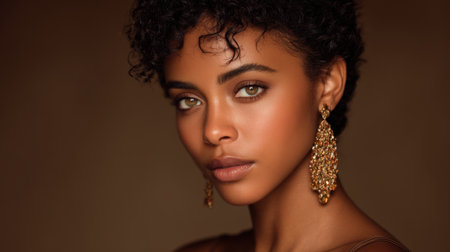 A captivating close-up portrait featuring a young woman with curly hair and striking earrings. The warm tones and soft light highlight her beauty and confidence, perfect for fashion and beauty themes.の素材