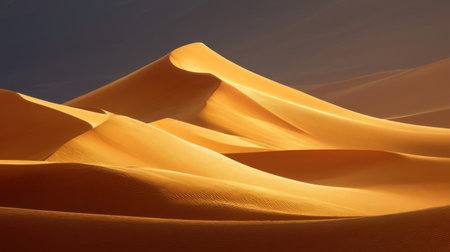 This captivating image showcases the beauty of soft sand dunes illuminated by a serene sunset, emphasizing the curves and textures of a tranquil desert landscape.の素材