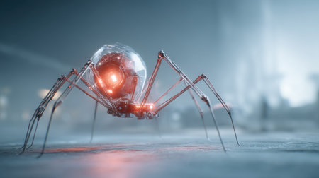 A stunning robotic spider design featuring sleek metal and glowing accents, set in a moody environment that evokes feelings of innovation and futurism.の素材