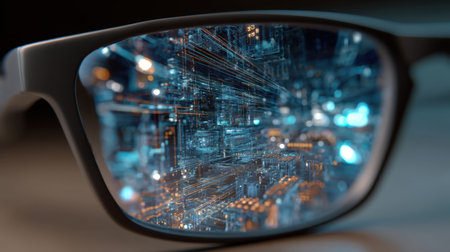 Explore a stunning futuristic vision through high-tech glasses showcasing an abstract digital environment filled with vibrant colors and intricate data streams.の素材