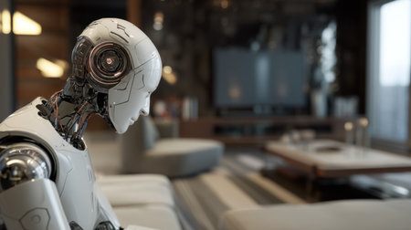 A humanoid robot sits in a contemporary living room, combining advanced technology with serene comfort, reflecting the future of smart home design and innovation.の素材