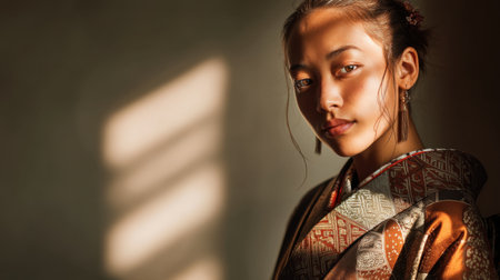 A captivating portrait of a young woman wearing traditional attire, illuminated by soft sunlight that creates a serene atmosphere and accentuates her unique beauty.の素材