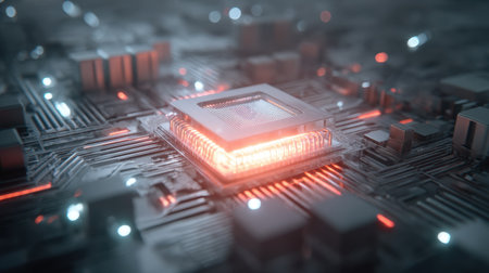 This abstract image features a close-up of a glowing microchip surrounded by intricate circuit patterns. It visually represents advanced technology and innovation in the digital age.の素材