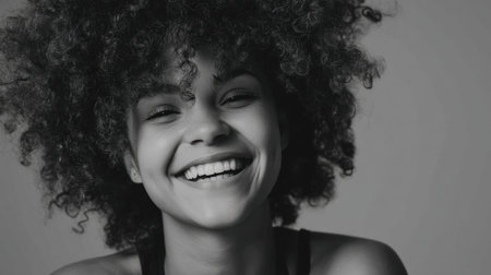 This captivating black and white portrait features a joyful woman with curly hair laughing. Her genuine smile radiates happiness in a minimalist setting.の素材