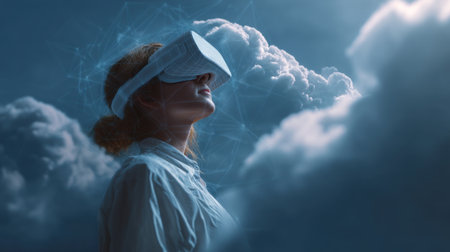 A woman experiences an immersive virtual reality adventure, surrounded by clouds in a serene atmosphere. This captivating scene showcases the blend of technology and creativity.の素材