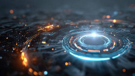 A mesmerizing digital illustration showcasing glowing circular patterns amidst intricate details, representing technology and innovation with a futuristic aesthetic.の素材
