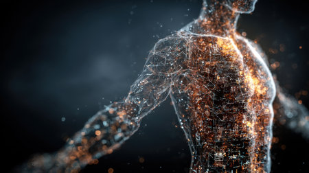 A stunning visualization of a human figure made of dynamic data streams and energy patterns, illustrating the intersection of technology and human existence.の素材