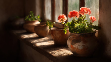 A serene display of geranium flowers in rustic pots, beautifully illuminated by warm sunlight streaming through an old window, enhancing the cozy atmosphere.の素材