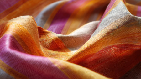 This vibrant silk fabric features beautiful stripes in orange, pink, and gold, creating an elegant texture perfect for fashion and interior design projects.の素材
