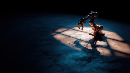 A striking robotic arm stands alone in a dark setting, casting dramatic shadows and highlighting the intersection of technology and innovation in modern engineering.の素材