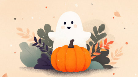 A charming illustration of a cute ghost next to a bright pumpkin, surrounded by colorful autumn leaves, perfect for Halloween themes and seasonal decor.の素材