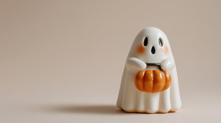Adorable ceramic ghost figurine with a cheerful expression holding a pumpkin, ideal for adding a whimsical touch to Halloween festivities and home styling.の素材