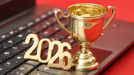 A gleaming golden trophy beside the year 2026 sits on a laptop keyboard, representing achievement and success in the modern digital landscape.の素材