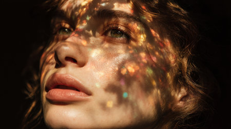A captivating portrait of a young woman illuminated by natural light, showcasing colorful reflections on her face, creating an ethereal and artistic atmosphere.の素材