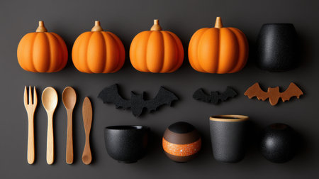This captivating arrangement features vibrant orange pumpkins and playful black bat shapes among elegant tableware, perfect for creating a festive Halloween ambiance.の素材