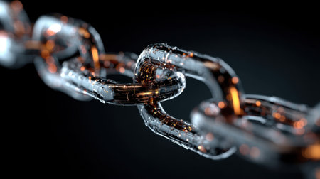 High-resolution image of a metallic chain link showcasing intricate details and reflections. The dark background emphasizes the industrial design and strength of the chain.の素材
