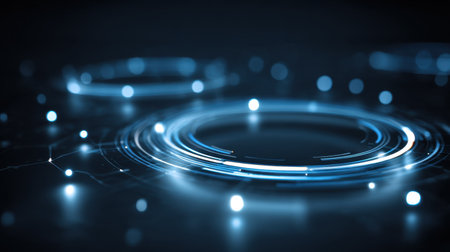 An abstract digital background showcasing glowing circles and bright particles in a dark environment, symbolizing technology and innovation with a futuristic flair.の素材