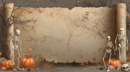 A spooky Halloween scene featuring skeletons, pumpkins, and autumn leaves against an old scroll backdrop, perfect for festive decorations and event themes.の素材