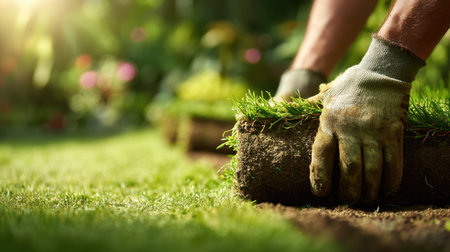 A focused scene showcasing hands laying fresh grass turf in vibrant green surroundings, lit by warm sunlight, evoking a sense of nurturing and outdoor care.の素材