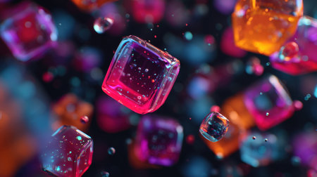 This vivid and dynamic image features colorful translucent cubes floating in a dark space, enhanced by sparkling bubbles and a mesmerizing abstract background.の素材